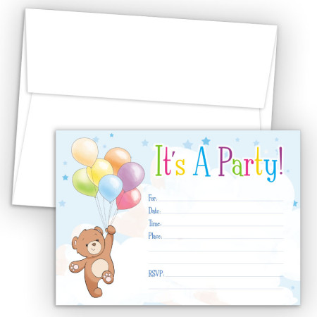 Balloon Bear Fill-In Birthday Party Invitations