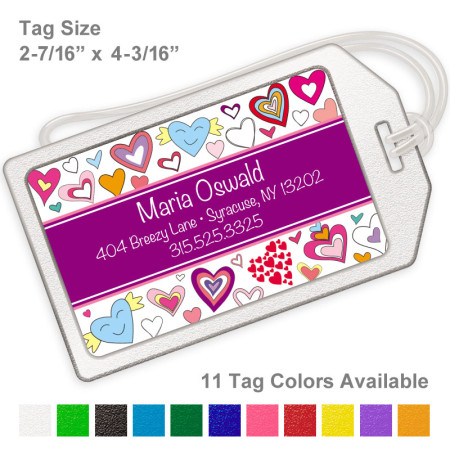 Doodle Hearts Purple Luggage Tag