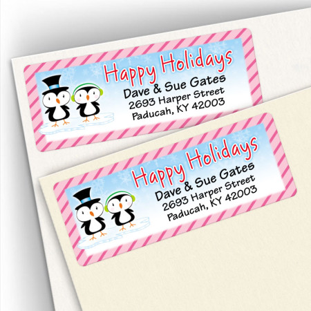 Happy Holidays Penguin Couple Address Labels
