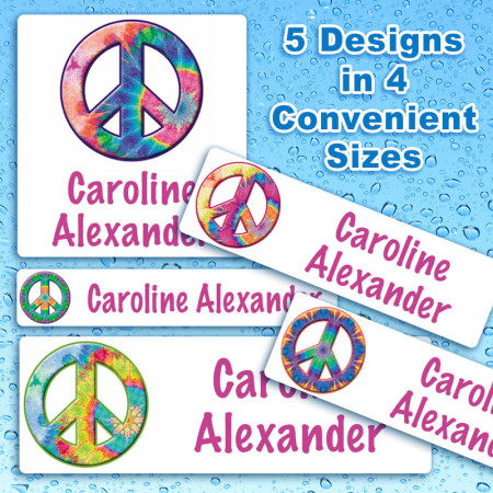 Tie Dye Peace Signs Waterproof Name Labels For Kids